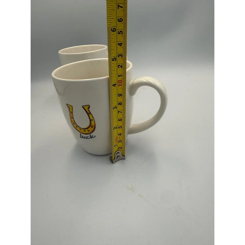 Pier 1 Imports Horseshoe Luck Coffee Mugs Set of 2 White Stoneware Cups
